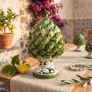Può includere: Una scultura di carciofo in ceramica con finitura verde lucida e foglie stratificate. La base è bianca con motivi floreali verdi dipinti a mano e la scritta "DOMENICO CALTAGIRONE". È posizionata su una superficie dalla trama ruvida.