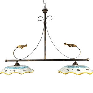 2-light balance chandelier in wrought iron and ceramic, handcrafted and decorated, living room, kitchen, art. Gomes