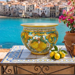 Sicilian ceramic cachepot vase, hand-crafted and decorated, item: lemons D 28