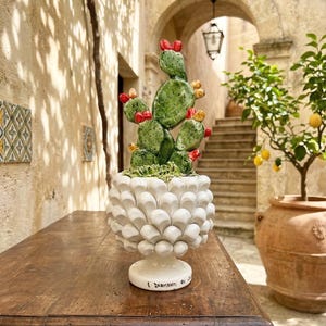 Half pine cone vase with prickly pear plant in Sicilian ceramic from Caltagirone, handmade