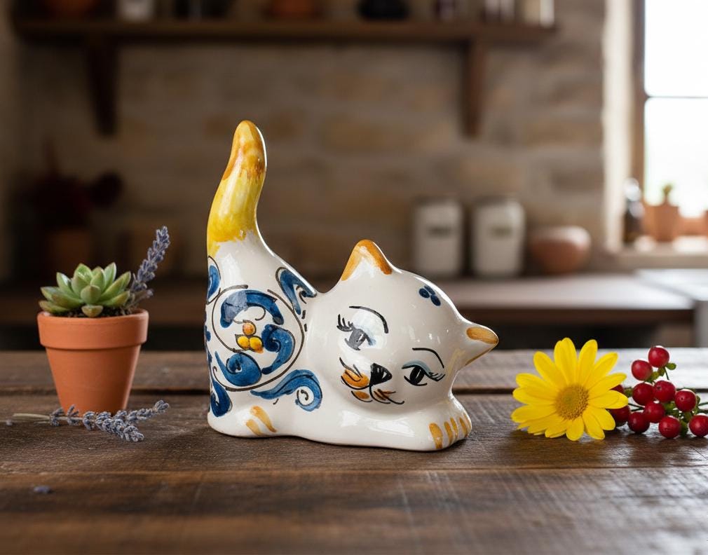 Scultura in ceramica anni '70, Gatto con fiocco