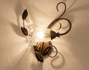 Handcrafted 1-light wall light in wrought iron and glass, Cox collection (RIGHT)