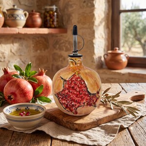 May include: A round glass oil dispenser shaped like a pomegranate with a painted red interior and a metal pour spout. The dispenser sits on a wooden cutting board next to a small ceramic bowl containing olive oil and fresh pomegranate seeds.