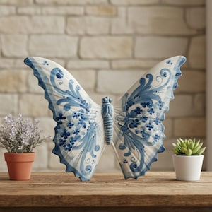 Pode incluir: Uma grande escultura de borboleta em cerâmica com padrões florais brancos e azuis. A borboleta é exibida em uma superfície de madeira, com uma pequena planta em vaso em cada lado. As asas têm uma borda ondulada.