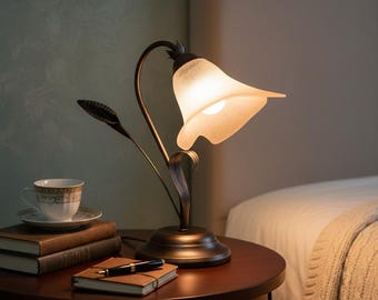 Single-light left bedside lamp in wrought iron and glass, handcrafted and decorated, Calla glass collection