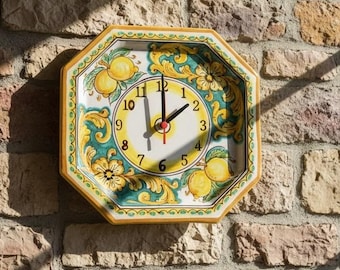 Wall clock in ceramic decorated by hand by Sicilian ceramists of Santo Stefano di Camastra lemons art 24