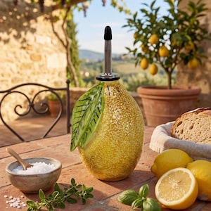 May include: A ceramic oil dispenser shaped like a textured yellow lemon with a green leaf accent. The dispenser features a silver-colored metal spout with a black cap, designed for pouring liquids, and has a glossy finish with realistic dimpled skin.