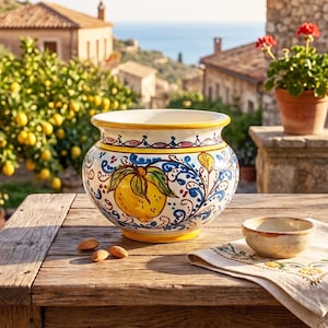 Può includere: Un vaso in ceramica rotondo con un motivo di limone giallo dipinto a mano, circondato da motivi di fogliame blu e verde su sfondo bianco, con bordo e base gialli, accompagnato da tre mandorle e una piccola ciotola color beige.