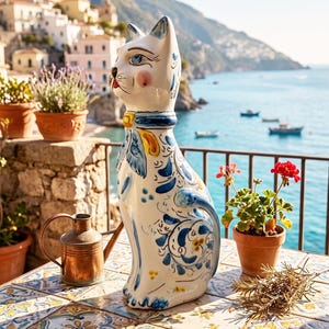 Può includere: Una statuetta di gatto in ceramica bianca con motivi floreali a volute dipinti a mano in blu e giallo. Il gatto ha un collare blu con una targhetta gialla, occhi blu e guance rosa. È posizionato su una superficie piastrellata accanto a un piccolo annaffiatoio in rame.