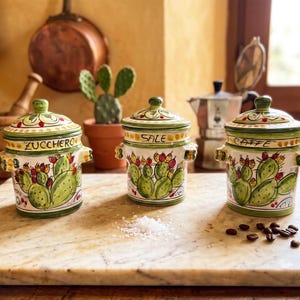 Hand-Painted Sicilian Ceramic Jars - Set of 3 hand-decorated Sicilian ceramic jars from Caltagirone with prickly pears