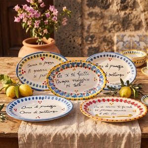 May include: Four oval ceramic plates with hand-painted blue and yellow floral borders and black cursive Italian text in the centre. The plates are arranged on a wooden table alongside two yellow lemons and green leaves, with a terracotta pot.