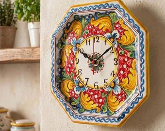 Hand-Painted Sicilian Ceramic Wall Clock – Red Floral Design, Italian Artisan Pottery art 24