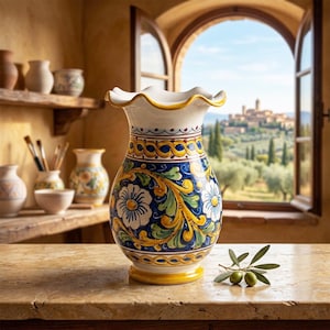 Large ceramic vase hand-decorated by Sicilian ceramists from Santo Stefano di Camastra, baroque style, art.