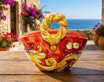 Sicilian Coffa Ceramic Sculpture – Hand-Painted Caltagirone Pottery, Italian Art Decor art. rosso