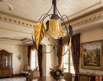 1-flammige Pendelleuchte aus Schmiedeeisen und Glas für Küche, Badezimmer, Schlafzimmer, Wohnzimmer, Treppenhaus, Flur, Kunsthandwerk