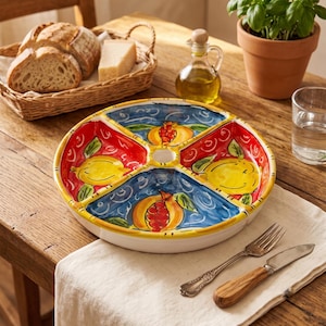 May include: A round ceramic serving dish divided into four sections, featuring hand-painted illustrations of yellow lemons and orange pomegranates against alternating red and blue backgrounds with a yellow rim and a central circular opening.