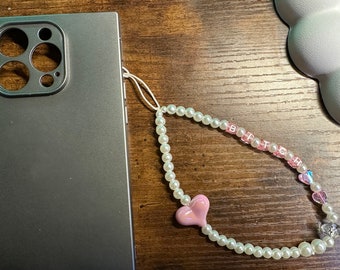 Phone Charm with pink cube letters and pearls and hearts, oh my!