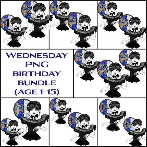 Wednesday Addams birthday with numbers 1-15, shirts, cups, print, sublimation, png, svg