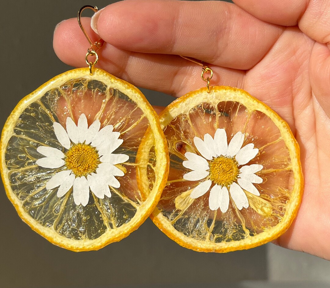 Lemon Daisy Dangle Earring, Gift Jewelry, Fruit Earring, Fruit Slice