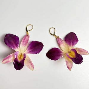 May include: A pair of earrings featuring preserved orchid flowers with purple and white petals. The earrings have gold-toned hooks.