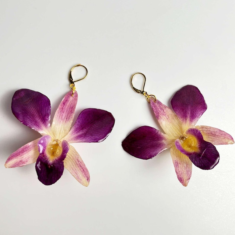 May include: A pair of earrings featuring preserved orchid flowers with purple and white petals. The earrings have gold-toned hooks.