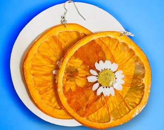 Orange Daisy Earring | Unique Mother's Day Birthday Graduation Summer Jewelry Gift || Handmade Bold Colorful Resin Fruit Food Jewelry