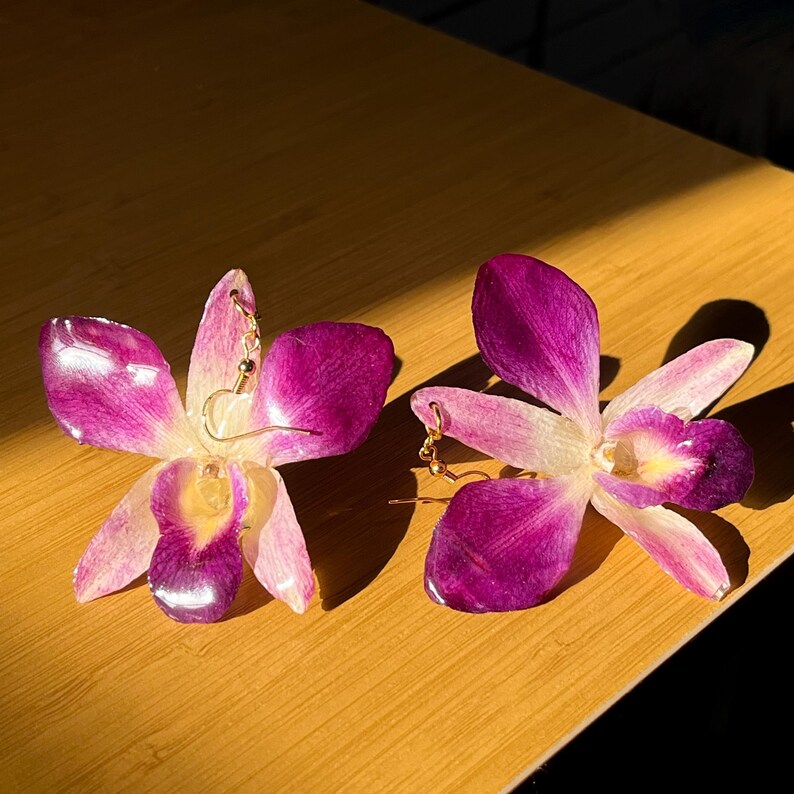 May include: A pair of orchid flower earrings with gold hooks. The flowers are white with purple accents.