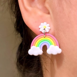 Pastel Rainbow Cloud Polymer Clay Earring  | Birthday Kids Teen Graduation Summer Jewelry Gift || Handmade Fun Colorful Polymer Clay Earring