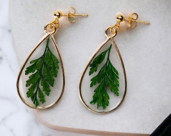 Gold / Silver Fern Leaf Tear Drop Earring | Mother's Day Birthday Graduation Summer Jewelry Gift || Handmade Bold Colorful Resin Jewelry