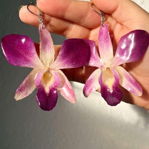 May include: A pair of orchid earrings with purple and white petals. The earrings are made with real pressed orchids and have silver hooks.