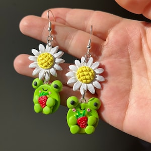 Frog Daisy Polymer Clay Earring | Kids Teen Graduation Summer Jewelry Gift || Handmade Bold Colorful Polymer Clay Jewelry Green Yellow Red