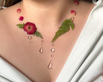 Wild Rose Dewdrop Necklace: Real Rose and Green Fern Made with UV Resin
