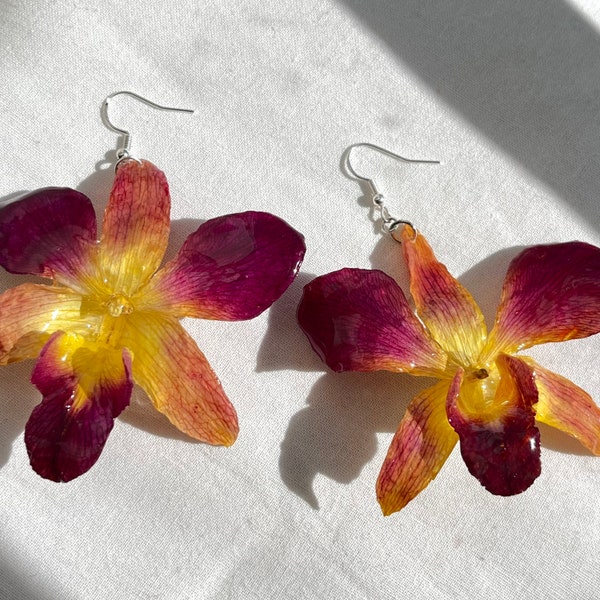 Sunset Orchid Earring | Unique Mother's Day Birthday Graduation Summer Jewelry Gift || Handmade Bold Colorful Prom Resin Flower Jewelry