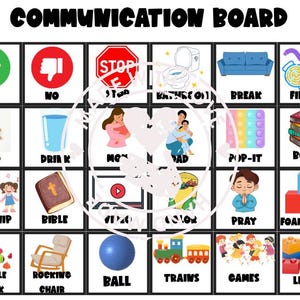May include: A communication board with various illustrated icons, including "Yes," "No," "Food," "Drink," "Break," "Fidgets," "Books," and "Pray." The board also features images of a toilet, a sofa, a pop-it toy, and a bible.