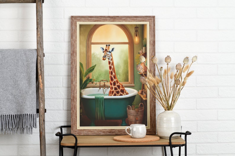 Giraffe in Bathtub Printable Wall Art, Whimsical Giraffe Portrait ...