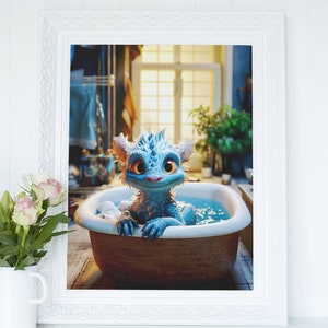Baby Dragon in Boho Bathtub - Printable Wall Art, Fantasy Nursery Decor, Digital Download, Playful Animal Bathroom Decor