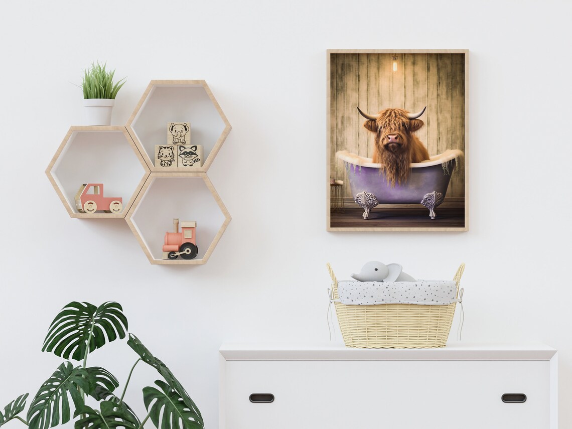 Highland Cow in Bathtub Printable Wall Art Whimsical Animal Portrait Highland Cow in Bathtub Printable Wall Art Whimsical Animal Portrait