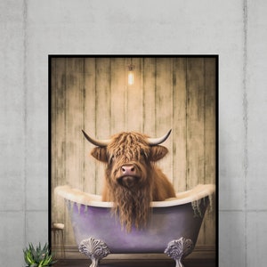 Highland Cow in Bathtub Printable Wall Art, Whimsical Animal Portrait ...