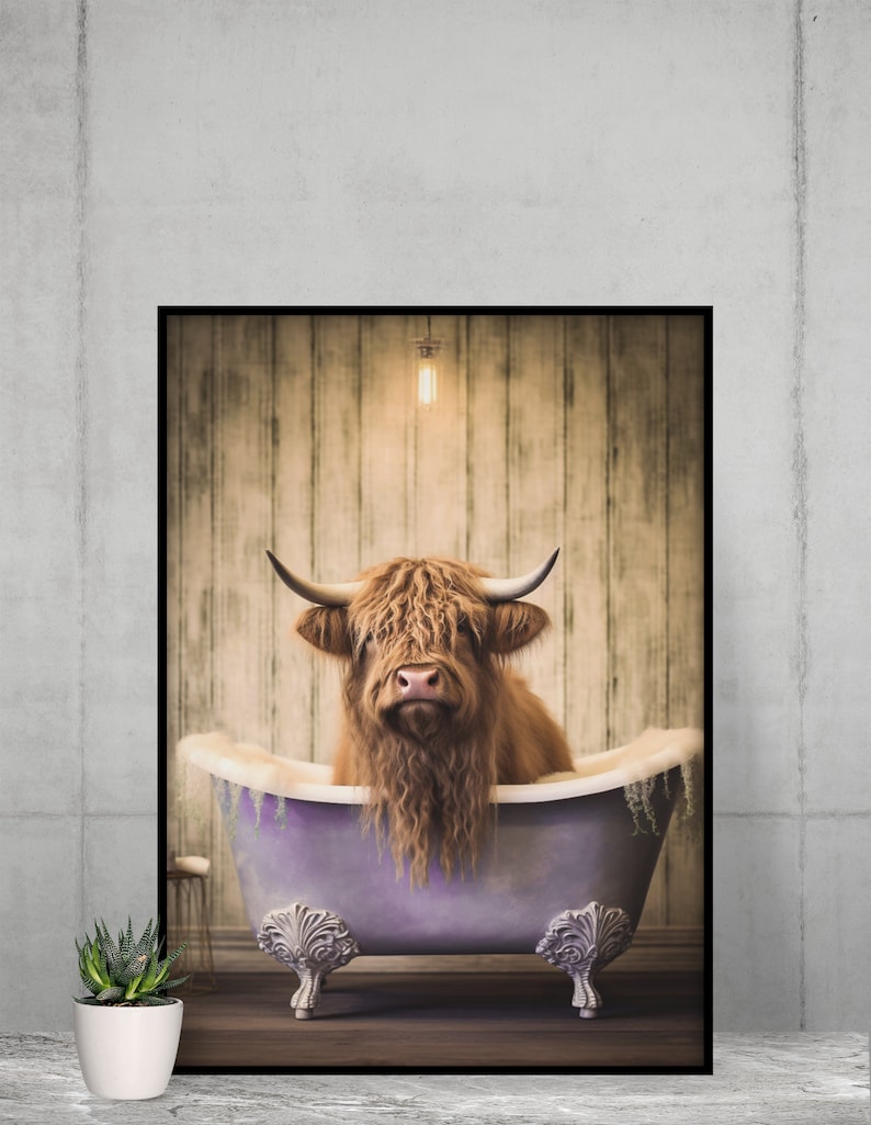 Highland Cow in Bathtub Printable Wall Art Whimsical Animal Etsy