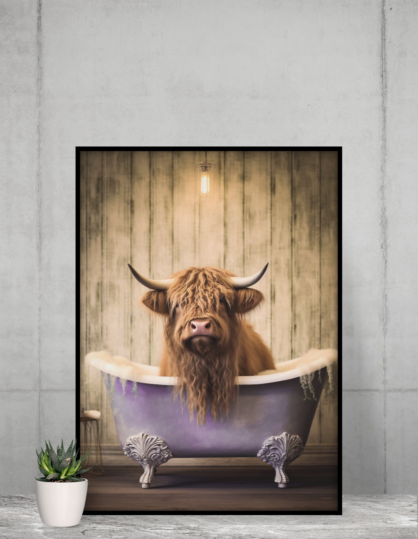 Highland Cow in Bathtub Printable Wall Art Whimsical Animal Portrait Highland Cow in Bathtub Printable Wall Art Whimsical Animal Portrait
