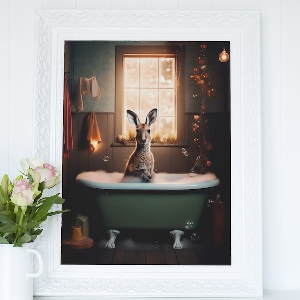 Kangaroo in Bathtub - Printable Wall Art | Kangaroo Portrait | Kangaroo Art | Bathroom Art Print | Digital Download | Cottagecore Decor