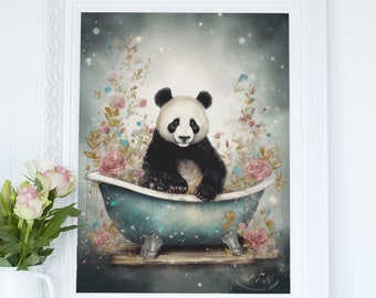 Panda in Boho Bathtub - Printable Wall Art, Nursery Panda Portrait, Kids Bathroom or Bedroom Print, HQ Digital Download, Cottagecore Decor