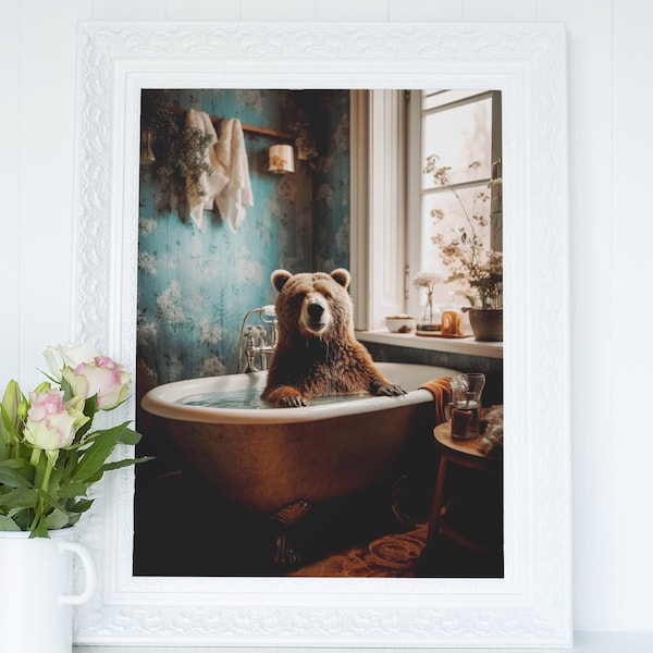 Bear in Bathtub - Printable Wall Art, Bear Photo Portrait, Bathroom Art Print, Digital Download, Cottagecore Decor, Woodland Art