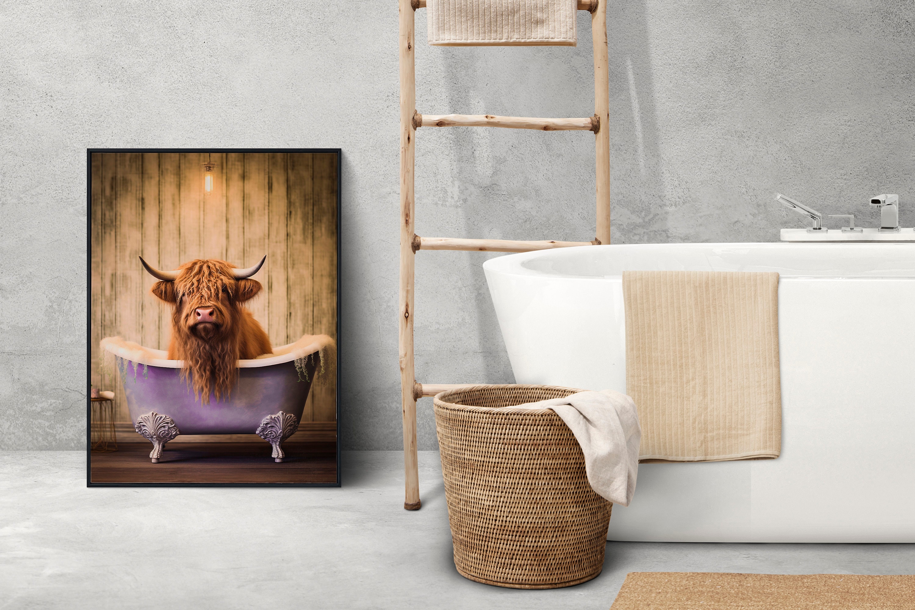 Highland Cow in Bathtub Printable Wall Art, Whimsical Animal Portrait