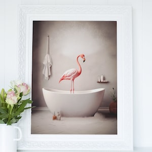 Minimalist Flamingo in Bathtub - Printable Wall Art | Flamingo Portrait and Photo | Bathroom Art Print Cottagecore Decor | Digital Download