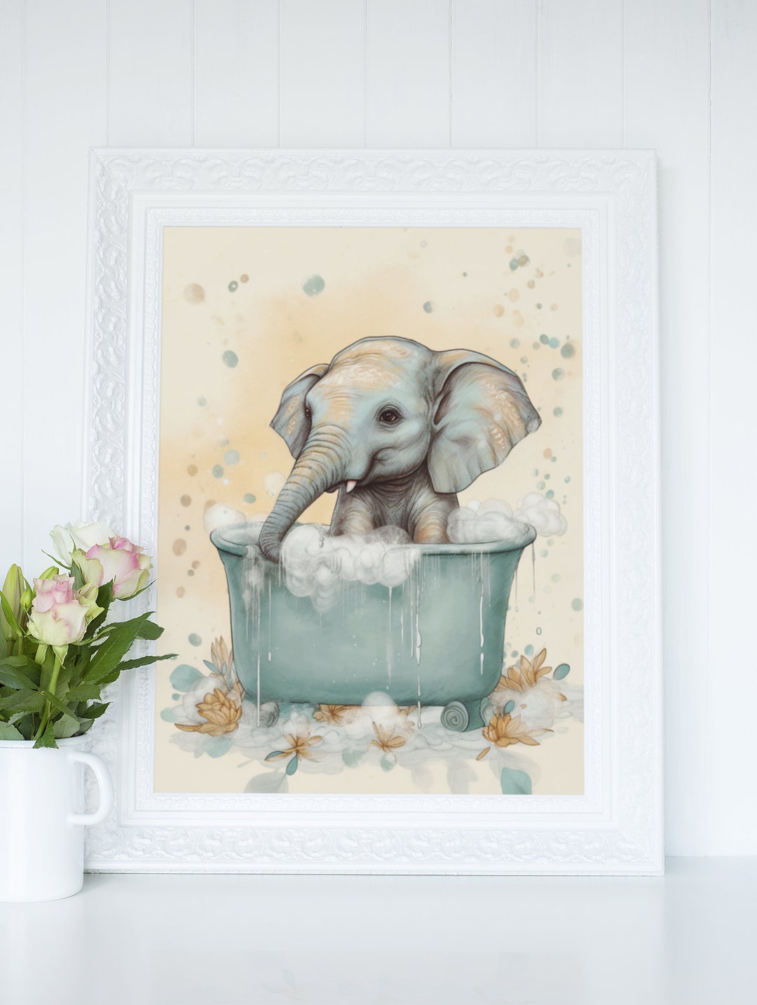 Baby Elephant in Bathtub Printable Wall Art, Elephant Portrait for ...