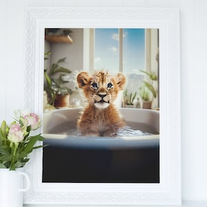 Adorable Baby Lion Splashing in Boho Bathtub - Printable Wall Art, Playful Animal Bathroom Decor, Digital Download, Nursery Decor