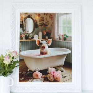 Pig in Boho Bathtub - Printable Wall Art, Funny Pig Portrait, Kids Bathroom Print, Boho Home Decor, Digital Download, Animal Nursery