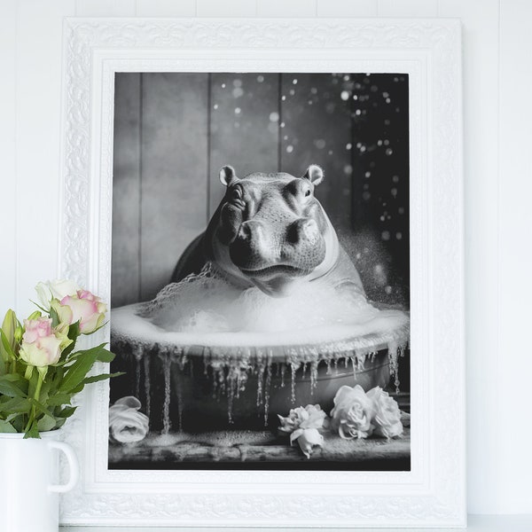 Hippo in Boho Bathtub - Printable Wall Art, Hippo Photo Portrait, Wildlife Bathroom Art Print, Black and White Animal, Digital Download