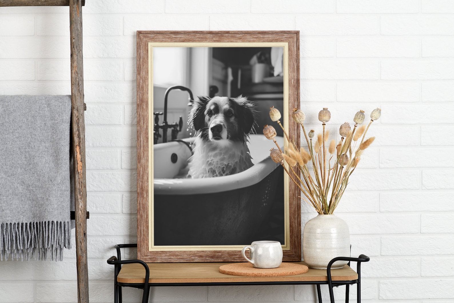 Wet Dog in Boho Bathtub Black and White Digital Art, Dog Lover Bathroom ...